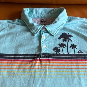 Quiksilver Men’s Turquoise Polo with Stripes & Palm Graphic